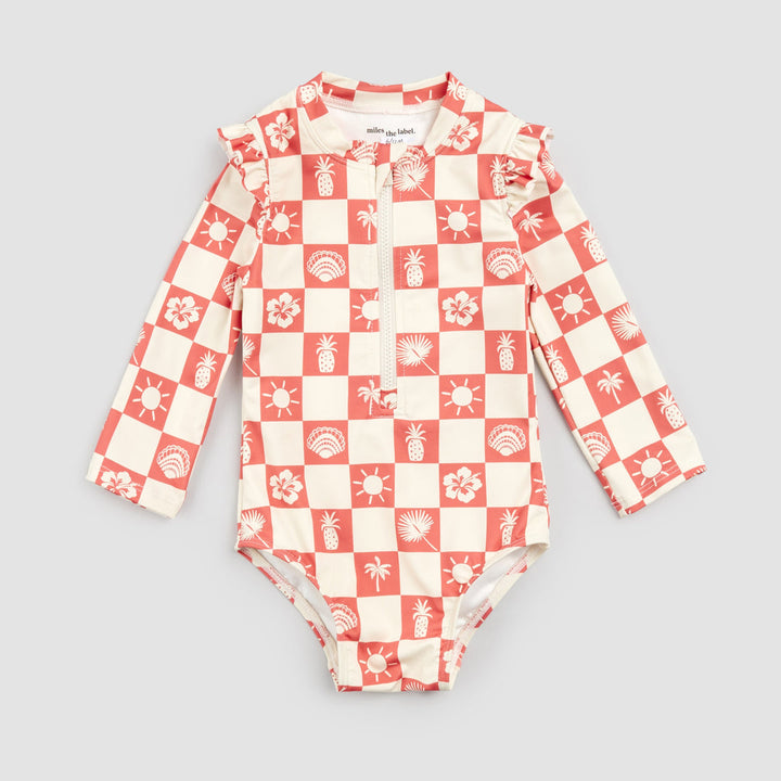 Maillot une pièce Damier tropical corail  2 ans