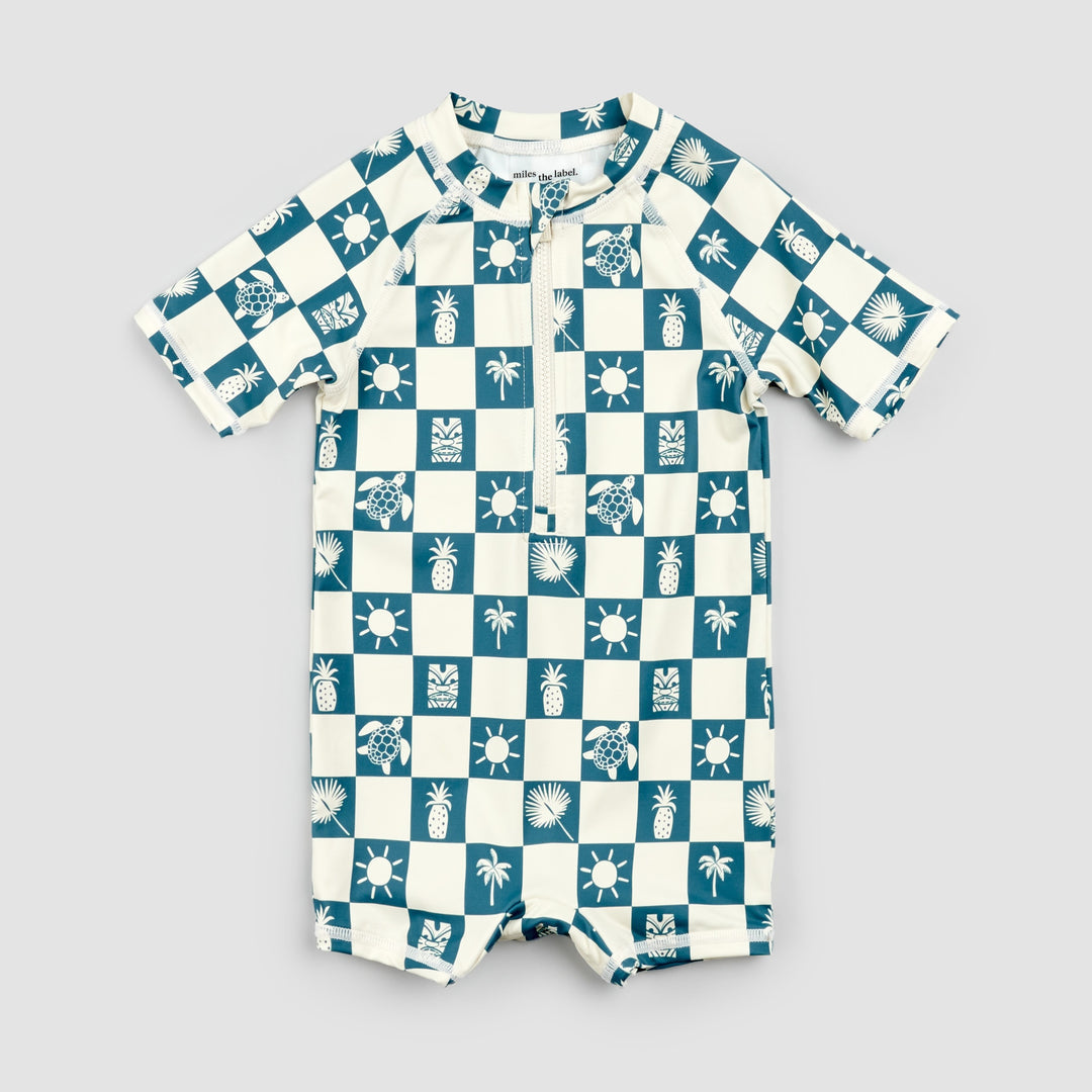 Maillot une pièce Damier tropical sarcelle  0-3 mois