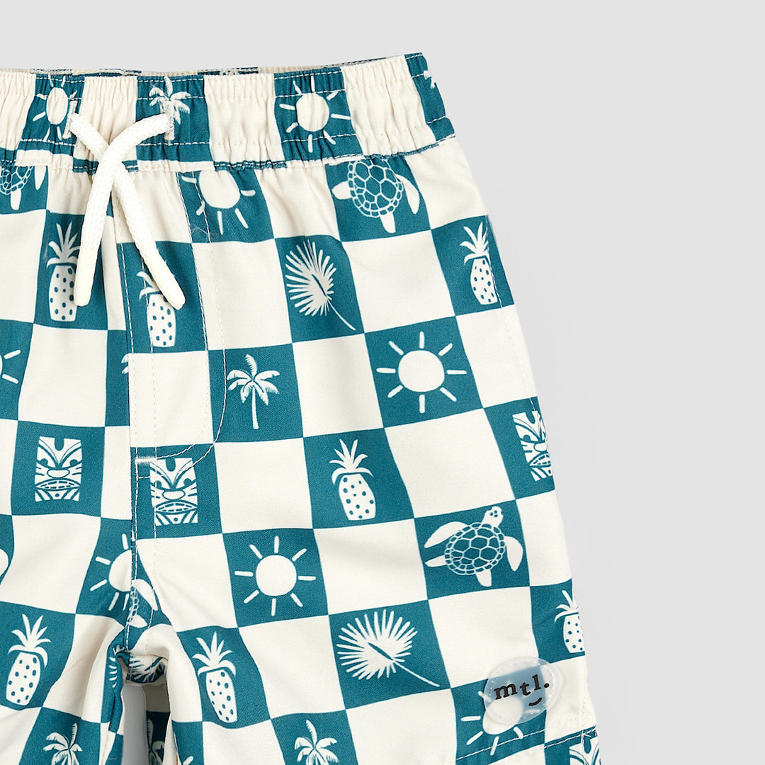 Short de piscine Damier tropical sarcelle  3 ans