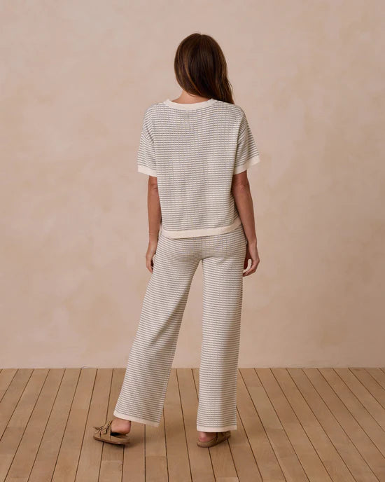 Pantalon à jambe large en tricot - Rayures sauge (femme)