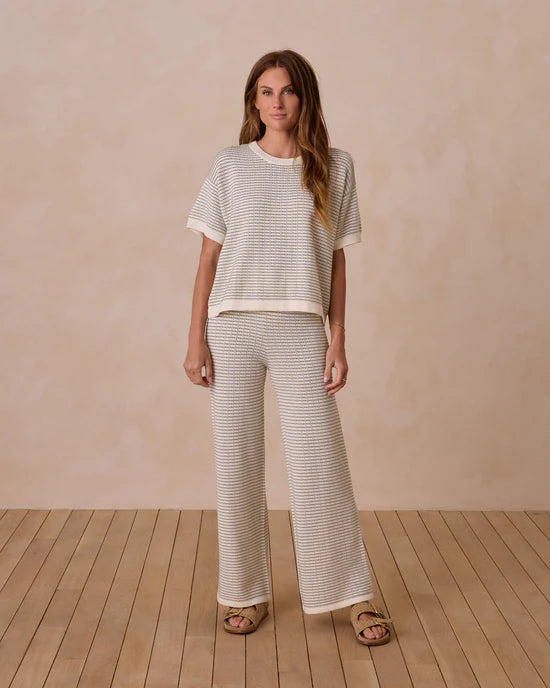 Pantalon à jambe large en tricot - Rayures sauge (femme)