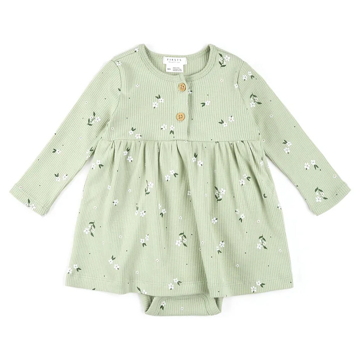 Robe côtelée verte avec petites fleurs   3mois