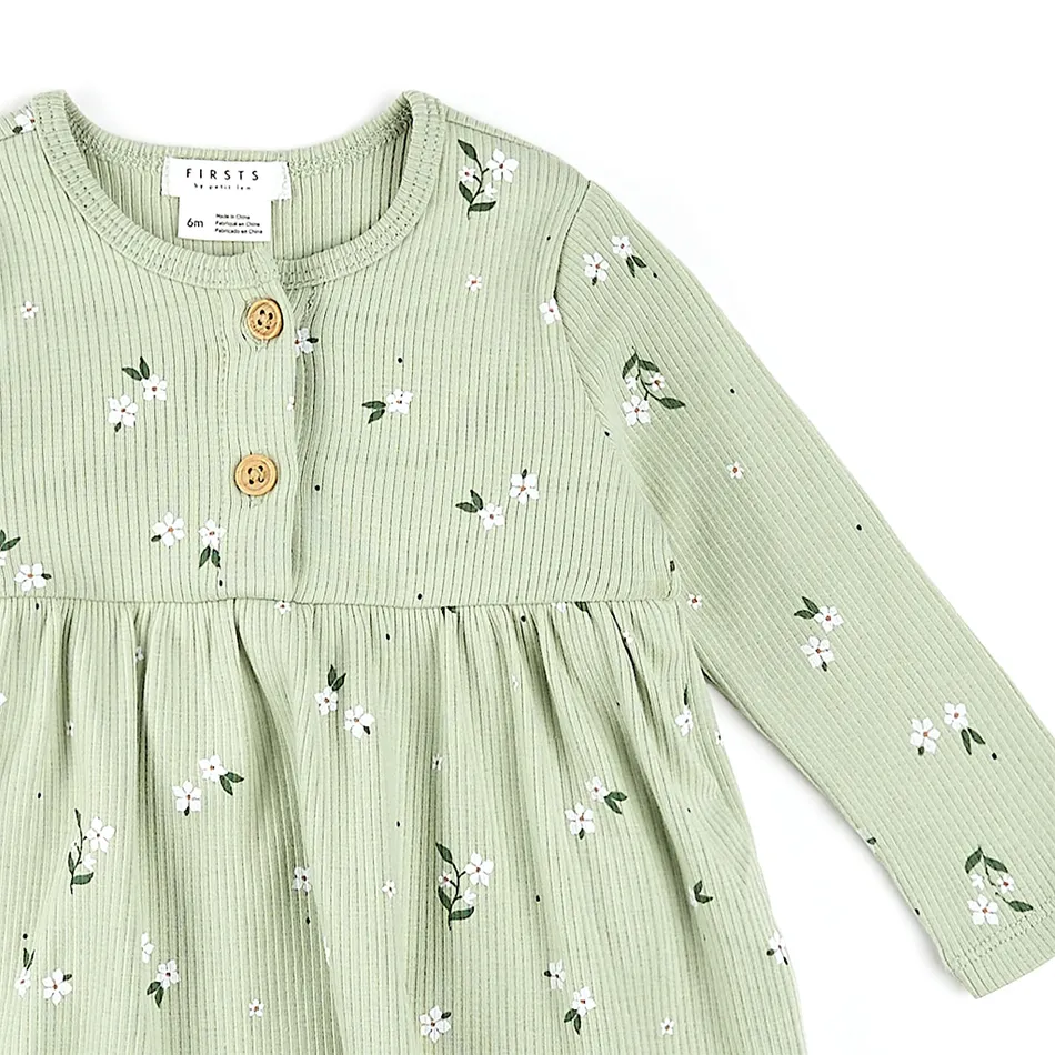 Robe côtelée verte avec petites fleurs   6mois