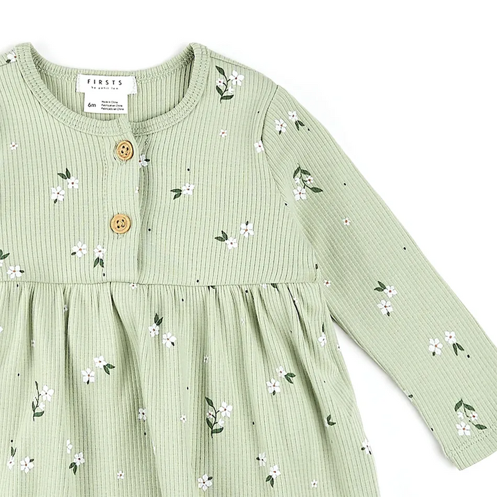 Robe côtelée verte avec petites fleurs   6mois